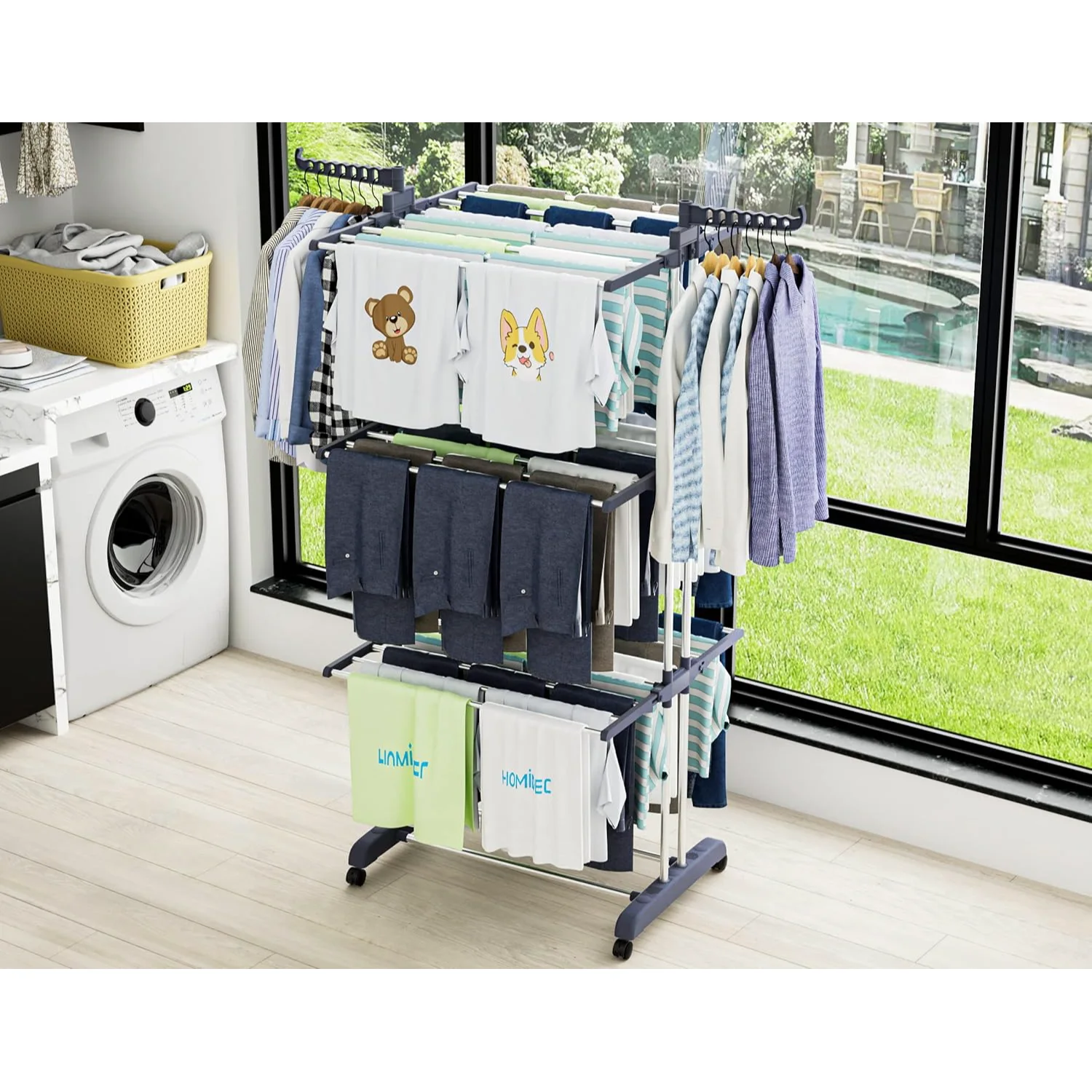 A HOMIDEC drying rack taking a full machine load beside the washer