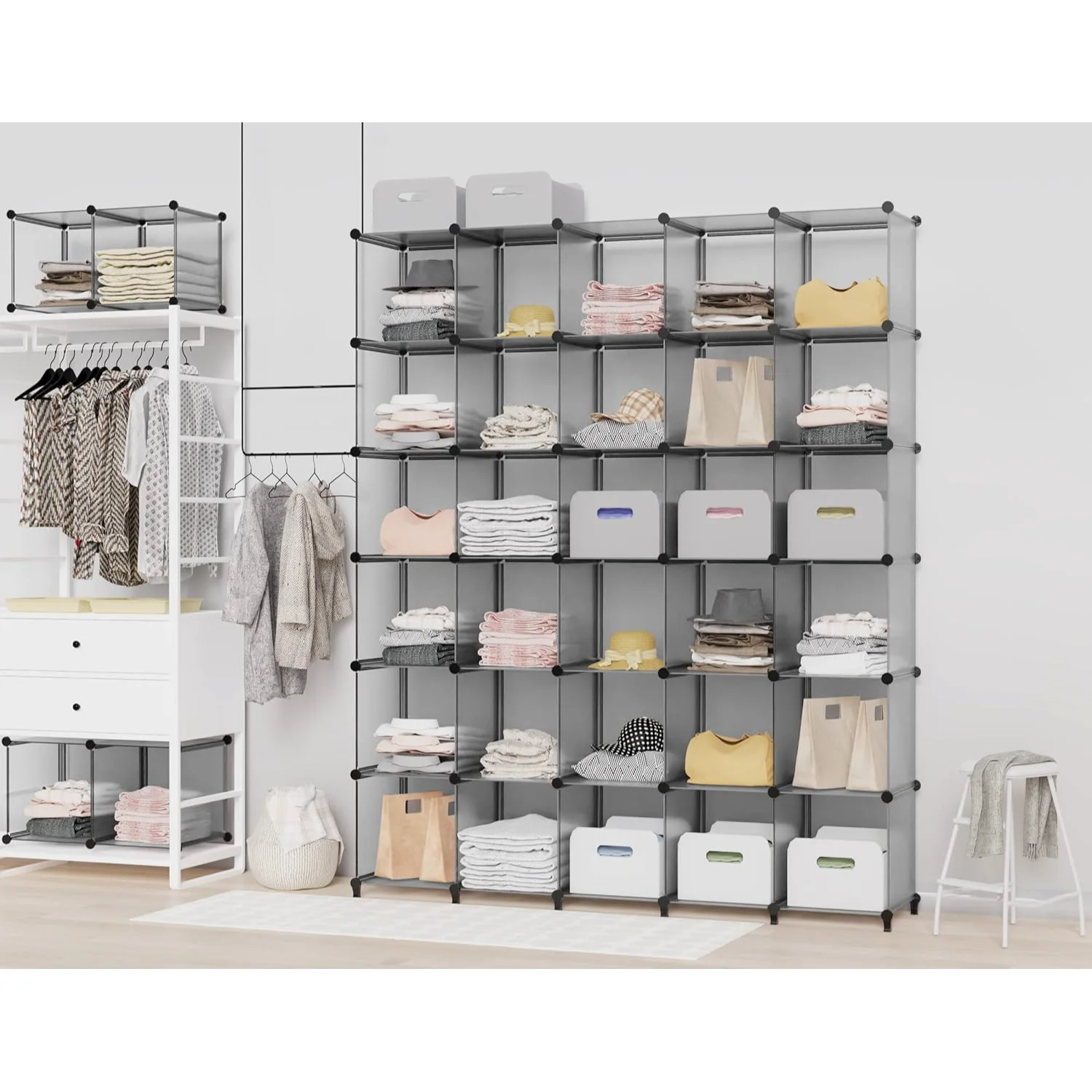 A HOMIDEC 12-cube organizer dressed as an open wardrobe